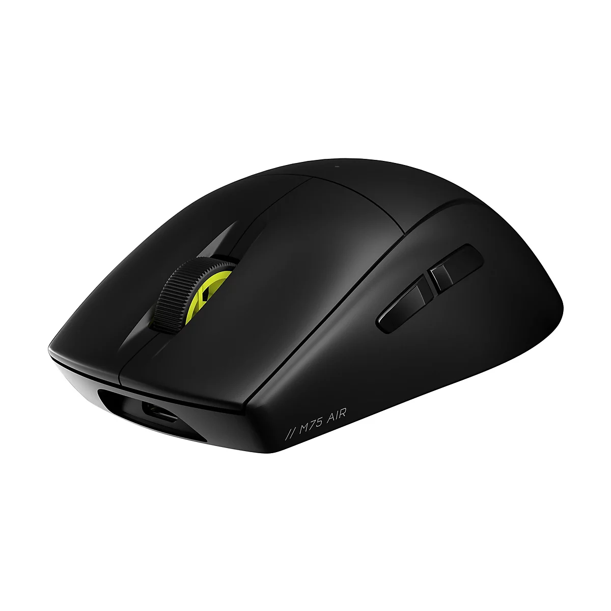 Schwarze kabellose Gaming-Maus mit gelbem Scrollrad und Aufschrift M75 AIR auf weißem Hintergrund.