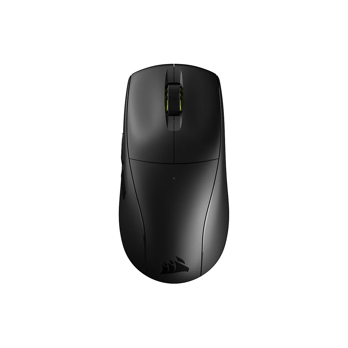 Schwarze kabellose Gaming-Maus in der Draufsicht auf weißem Hintergrund mit Corsair-Logo.