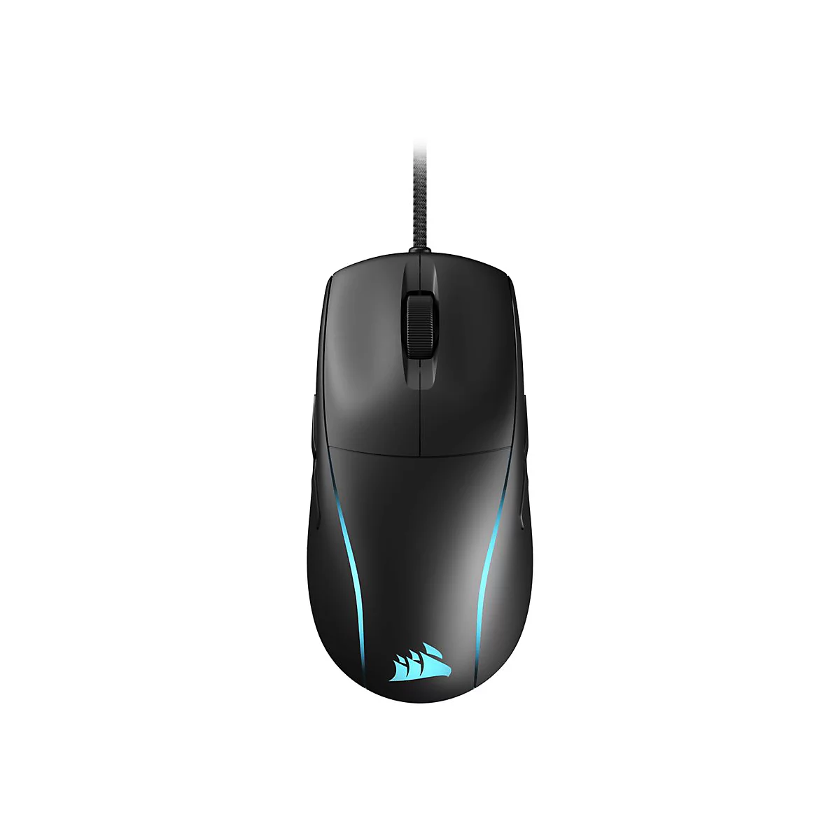 Schwarze Gaming-Maus mit blauen LED-Details und Corsair-Logo. Kabel nach oben.