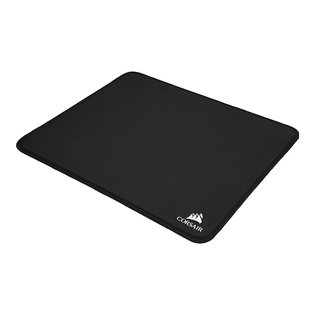 Tapis de souris rectangulaire noir avec logo Corsair blanc.