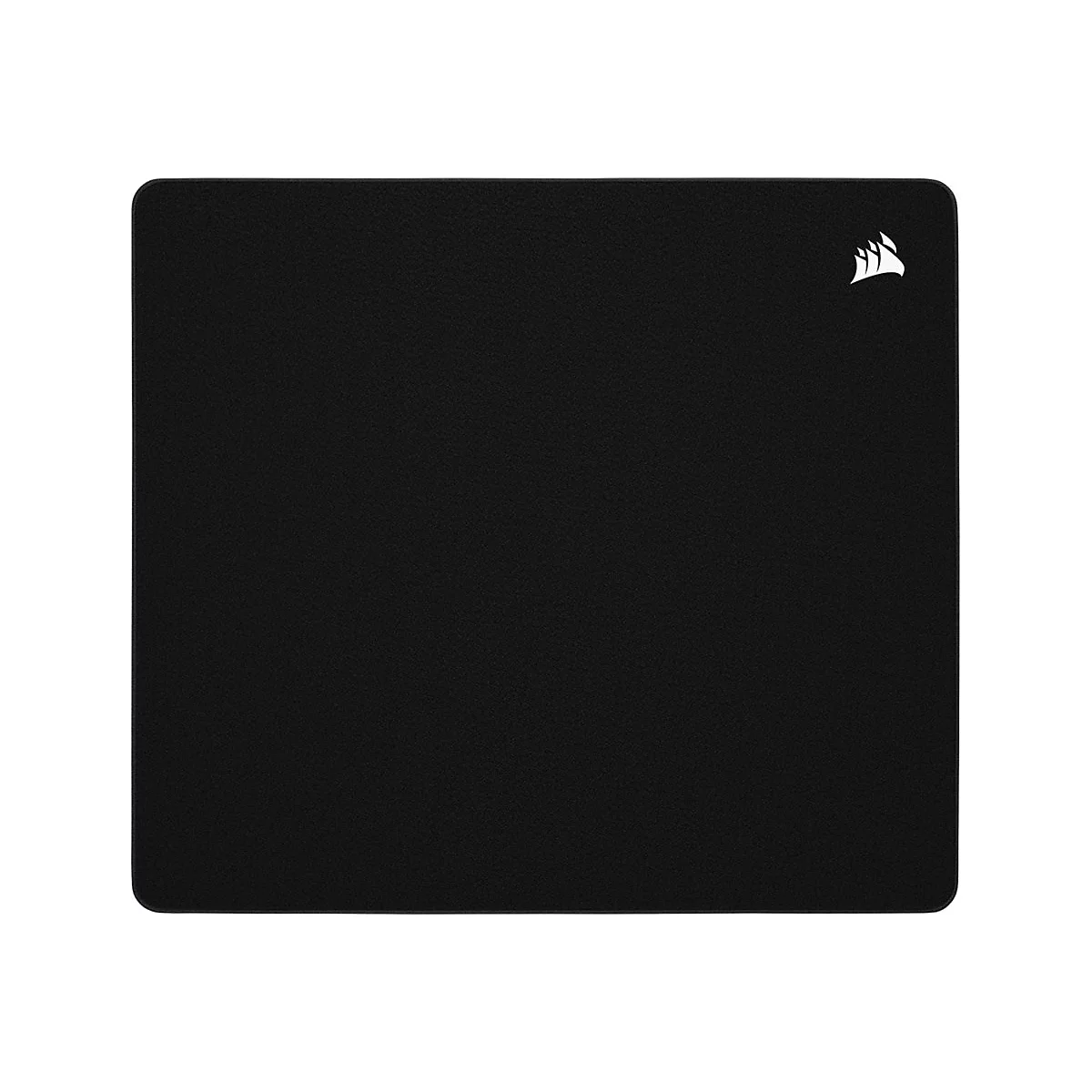 Quadratisches schwarzes Mauspad mit weißem Corsair-Logo in der oberen rechten Ecke.
