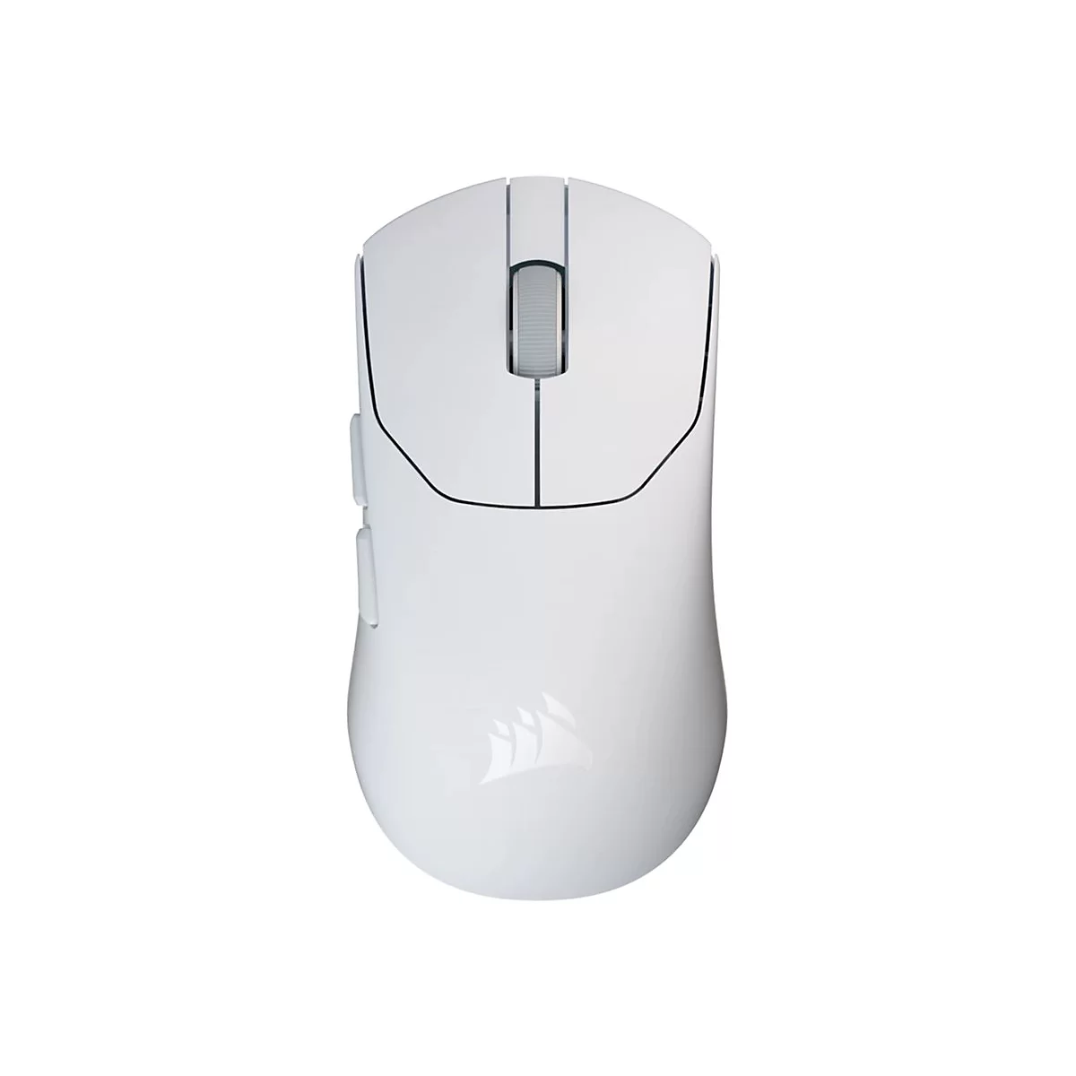 Weiße Gaming-Maus in der Draufsicht auf weißem Hintergrund mit Corsair Logo.