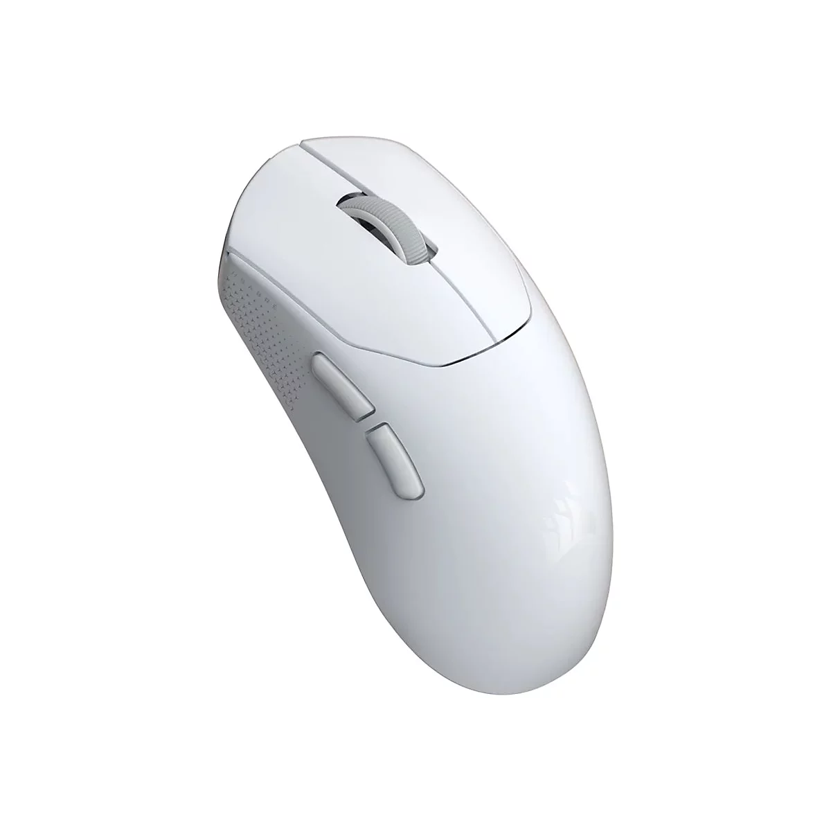 Weiße, ergonomische Gaming-Maus Corsair Sabre RGB mit Scrollrad und Seitentasten vor weißem Hintergrund.