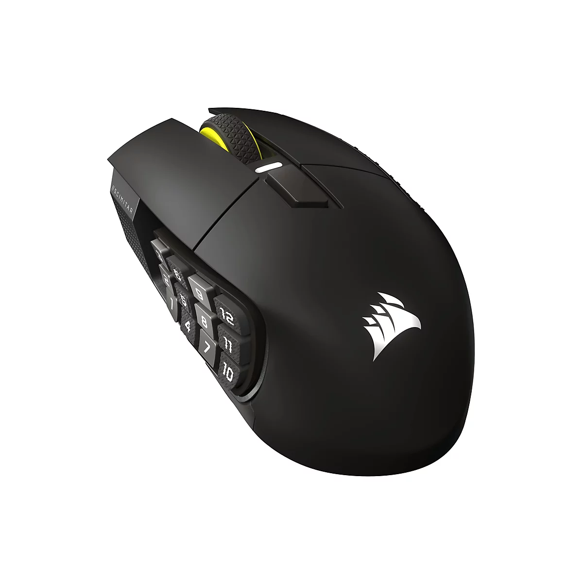 Schwarze Gaming-Maus mit gelbem Scrollrad und Seitentasten. Auf der Seite befinden sich nummerierte Tasten.