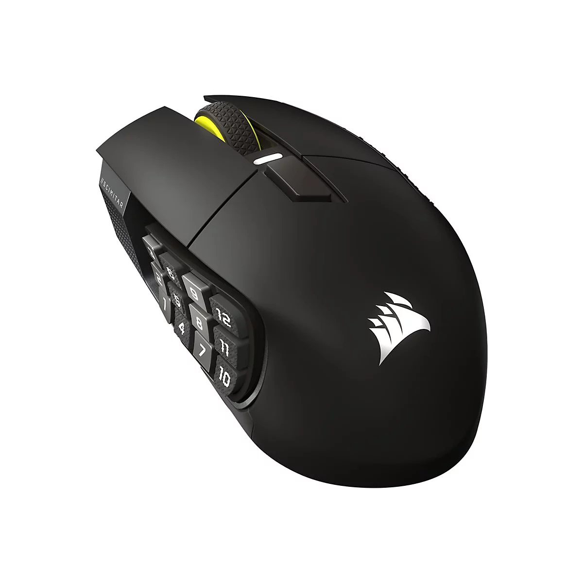 Schwarze Gaming-Maus mit Seitentasten, Scrollrad und Corsair-Logo.
