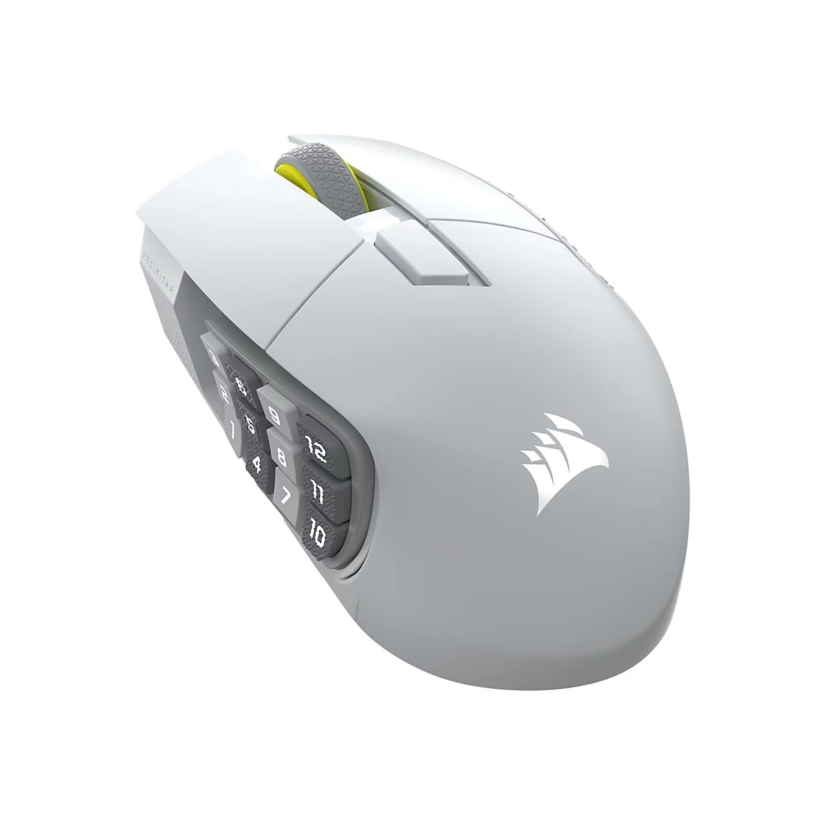 Graue Gaming-Maus mit Seitentasten, gelbem Mausrad und Corsair-Logo.