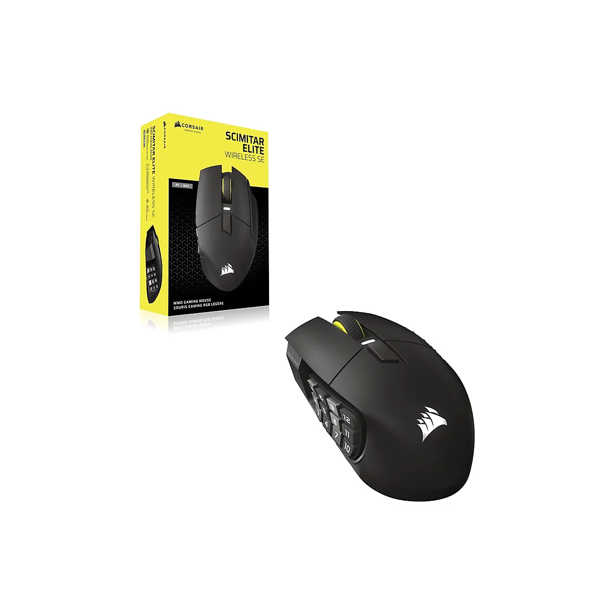 Ein schwarzer Gaming-Maus Scimitar Elite Wireless SE mit gelben Akzenten und einer seitlichen Tastatur mit 12 Tasten. Daneben die Produktverpackung.