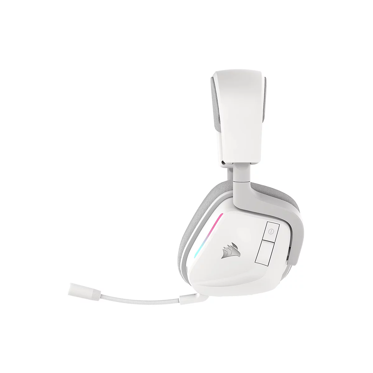 Casque de jeu blanc, montré de côté. Microphone attaché, logo visible.