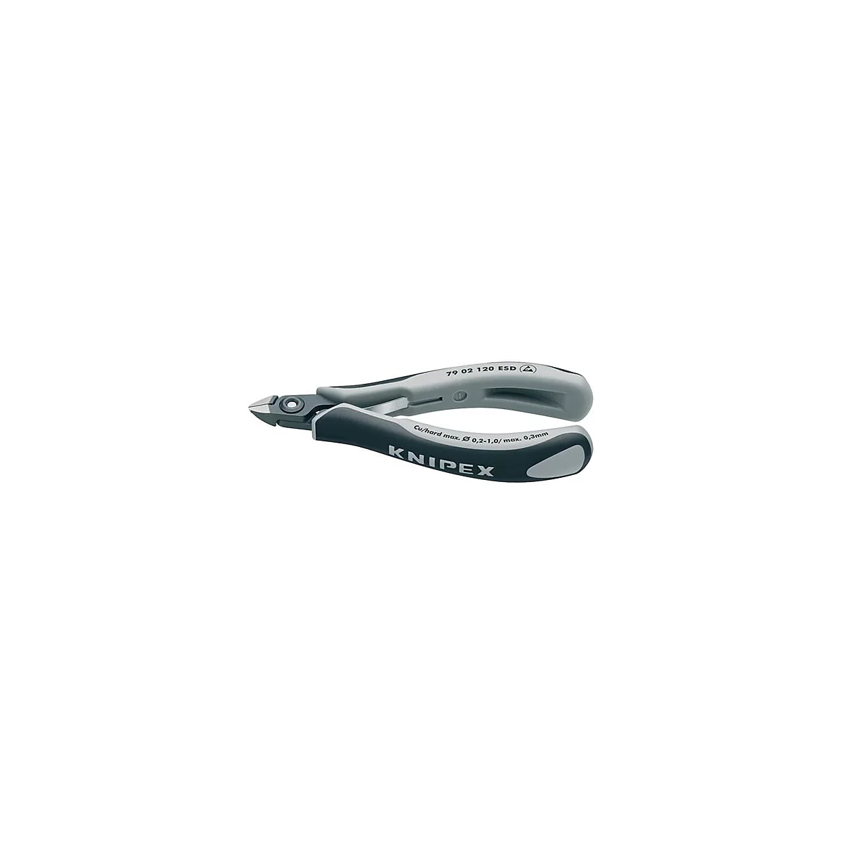 Pinces coupantes latérales Knipex. Poignées grises, lames noires, lettrage.