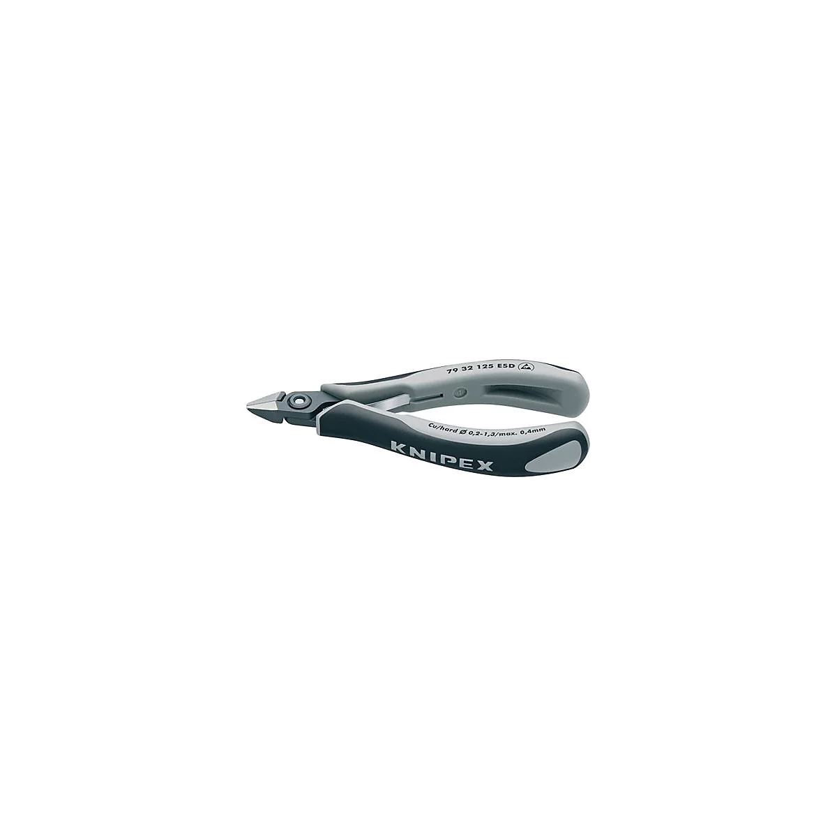 Gros plan d'une pince coupante latérale grise et noire avec le logo KNIPEX. Détails et spécifications imprimés.