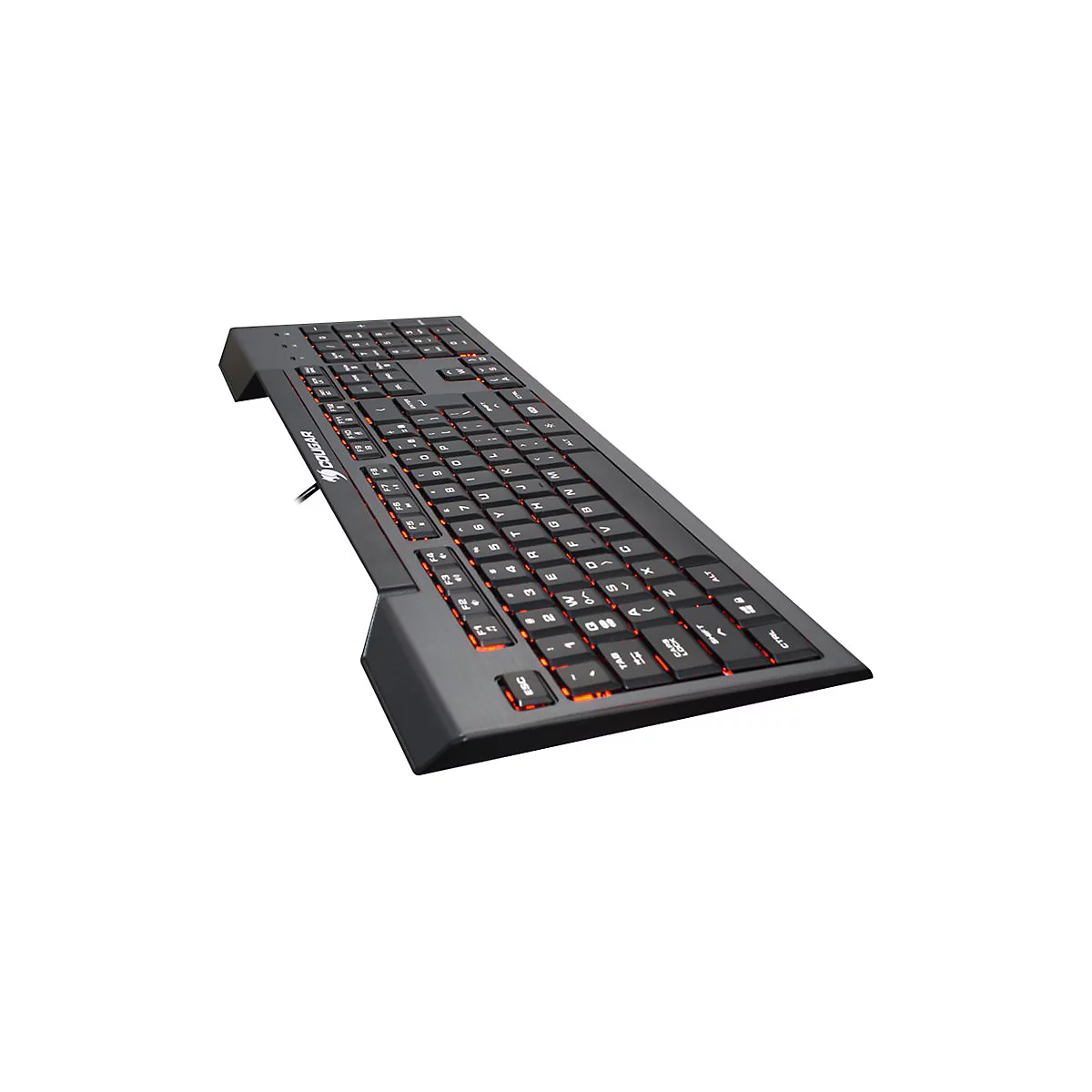 Schwarze Gaming-Tastatur von Cougar mit orangefarbener Tastenbeleuchtung in Seitenansicht vor weißem Hintergrund.