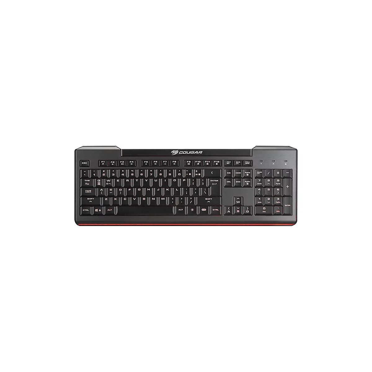 Schwarze Cougar Gaming-Tastatur mit QWERTZ-Layout und roter Beleuchtung am unteren Rand vor weißem Hintergrund.