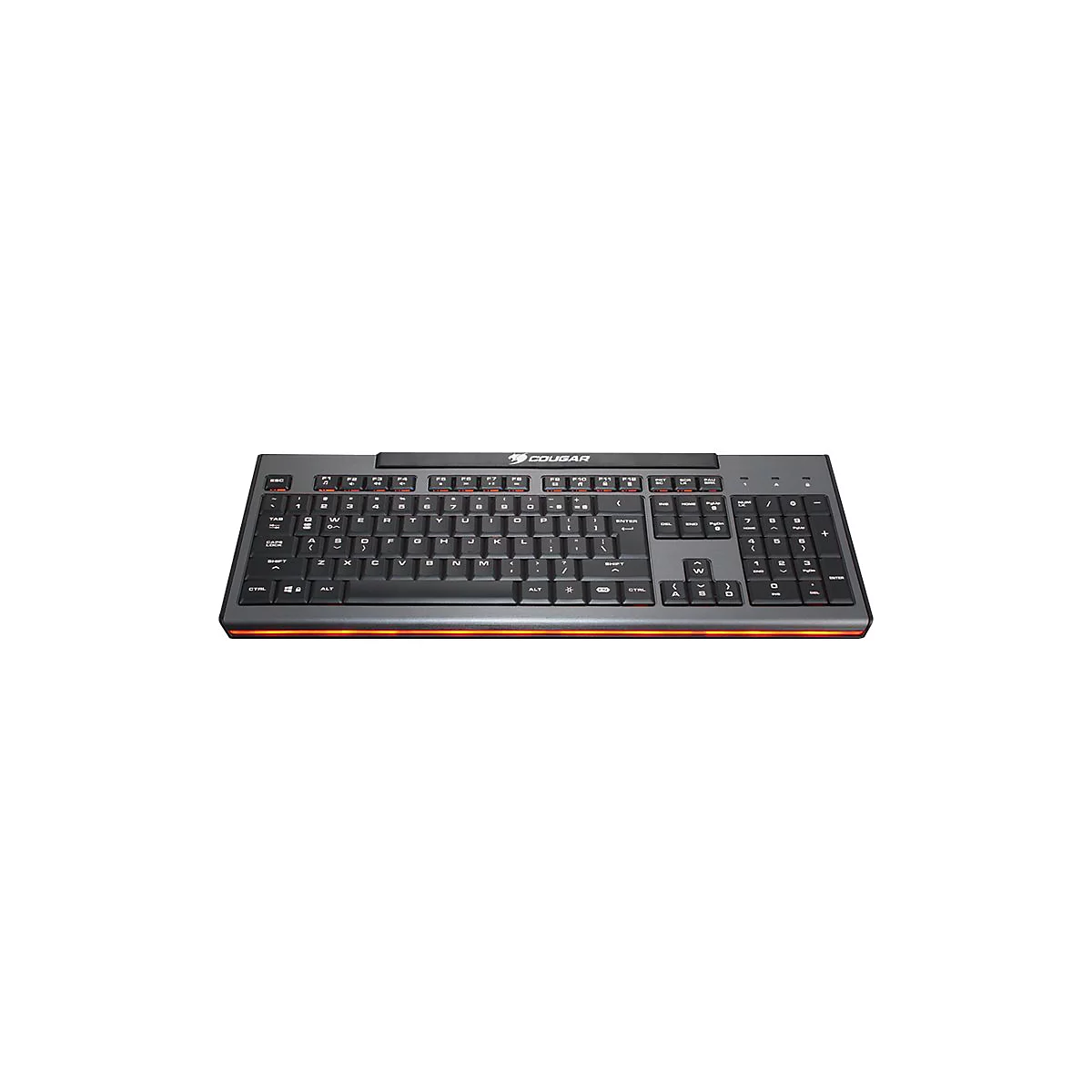 Schwarze Cougar Gaming-Tastatur mit orangefarbener Beleuchtung am unteren Rand auf weißem Hintergrund.