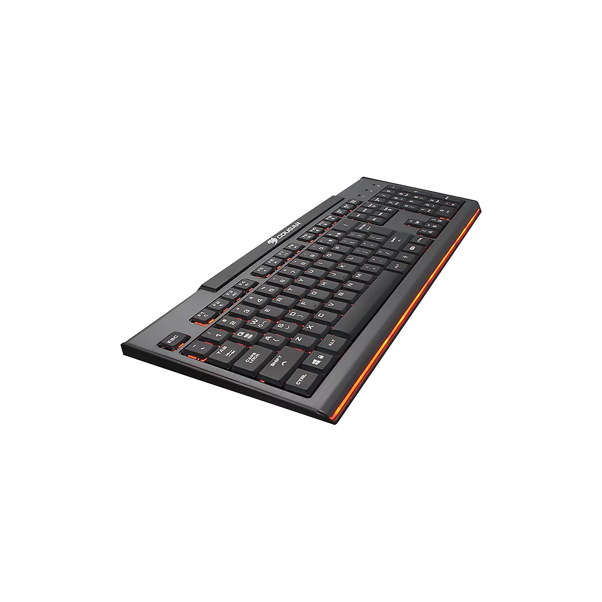 Schwarze Cougar Gaming-Tastatur mit orangefarbener Randbeleuchtung in Schrägansicht vor weißem Hintergrund.