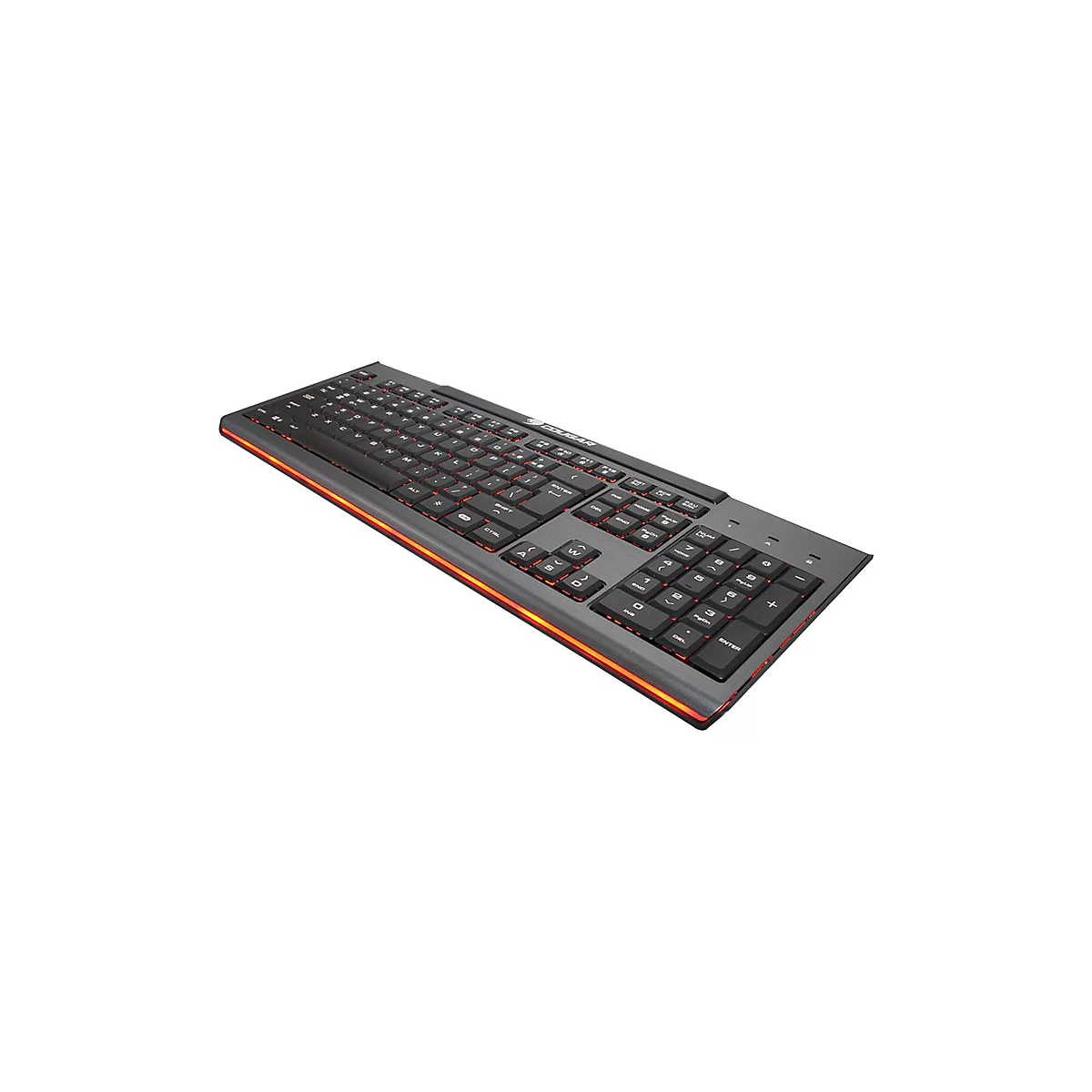 Schwarze Gaming-Tastatur mit roter LED-Beleuchtung am Rand auf weißem Hintergrund.