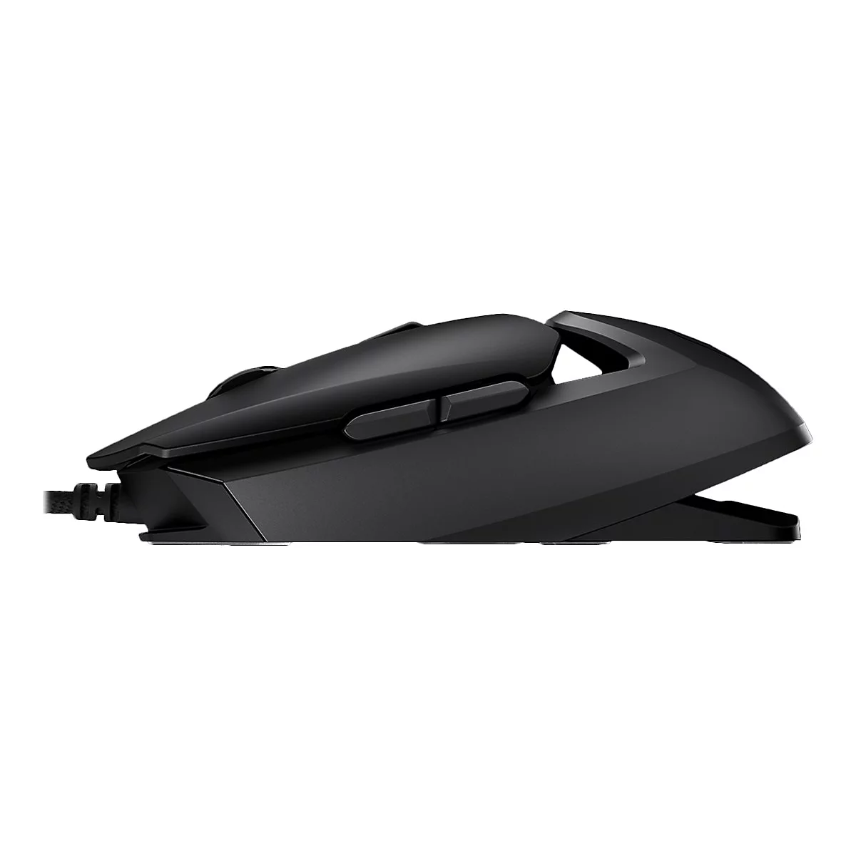 Schwarze kabelgebundene Gaming-Maus in der Seitenansicht vor weißem Hintergrund.