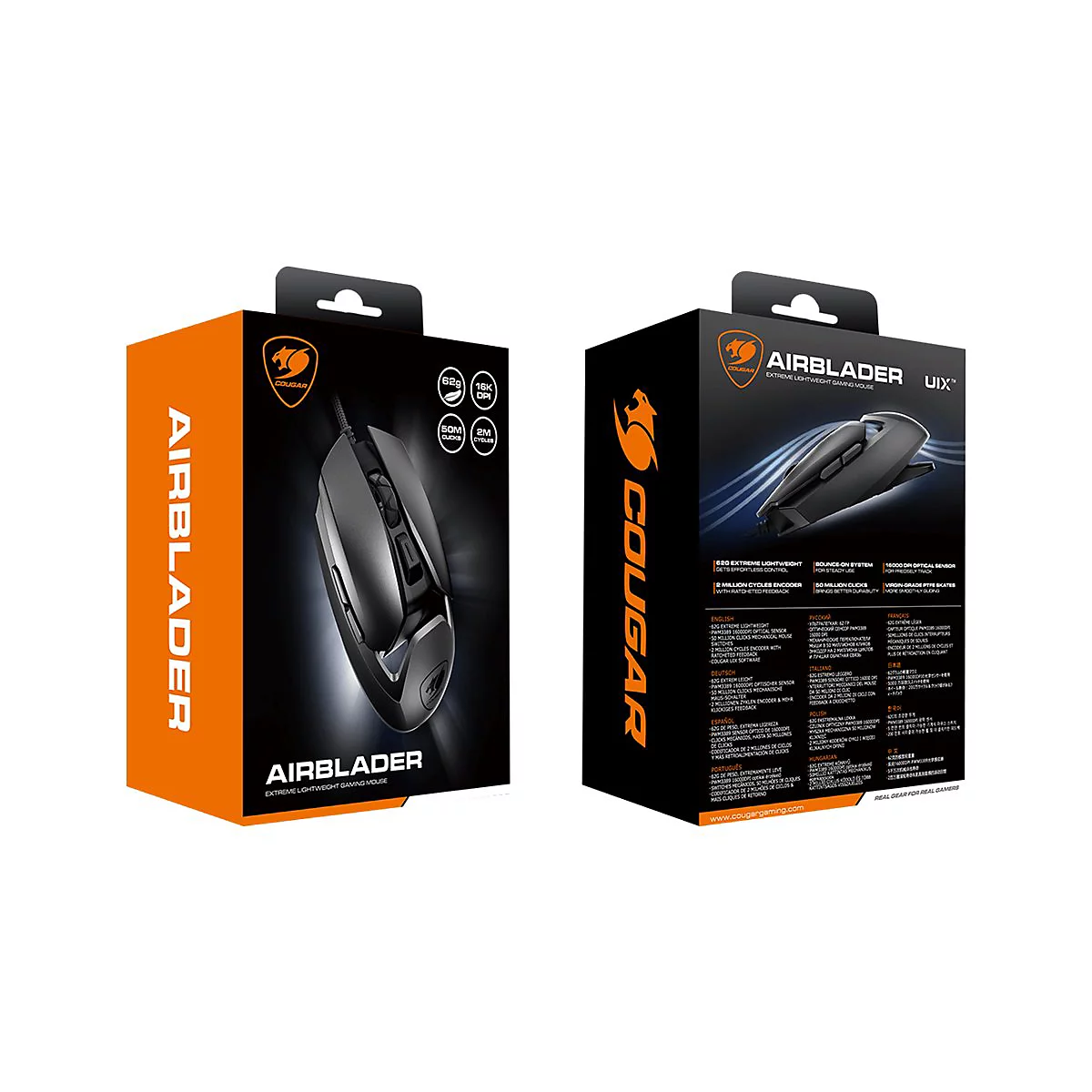 Zwei Produktverpackungen der Cougar Airblader Gaming-Maus mit Produktbild und technischen Spezifikationen.