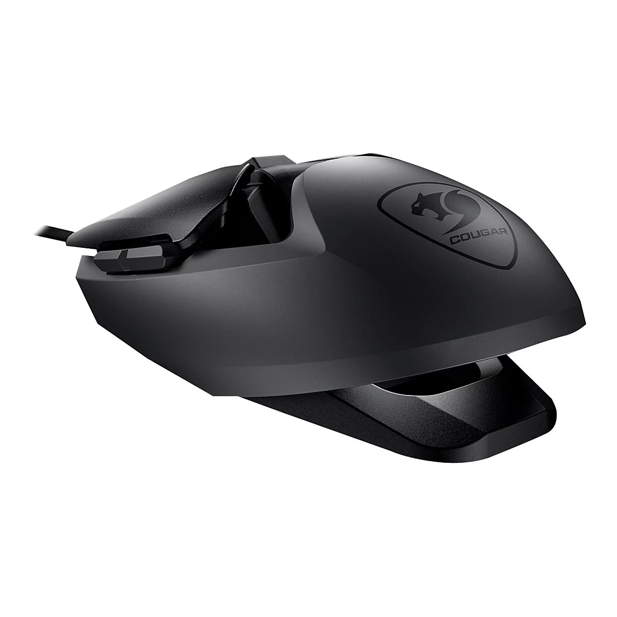 Schwarze Cougar Gaming-Maus in einer dynamischen Seitenansicht vor weißem Hintergrund.