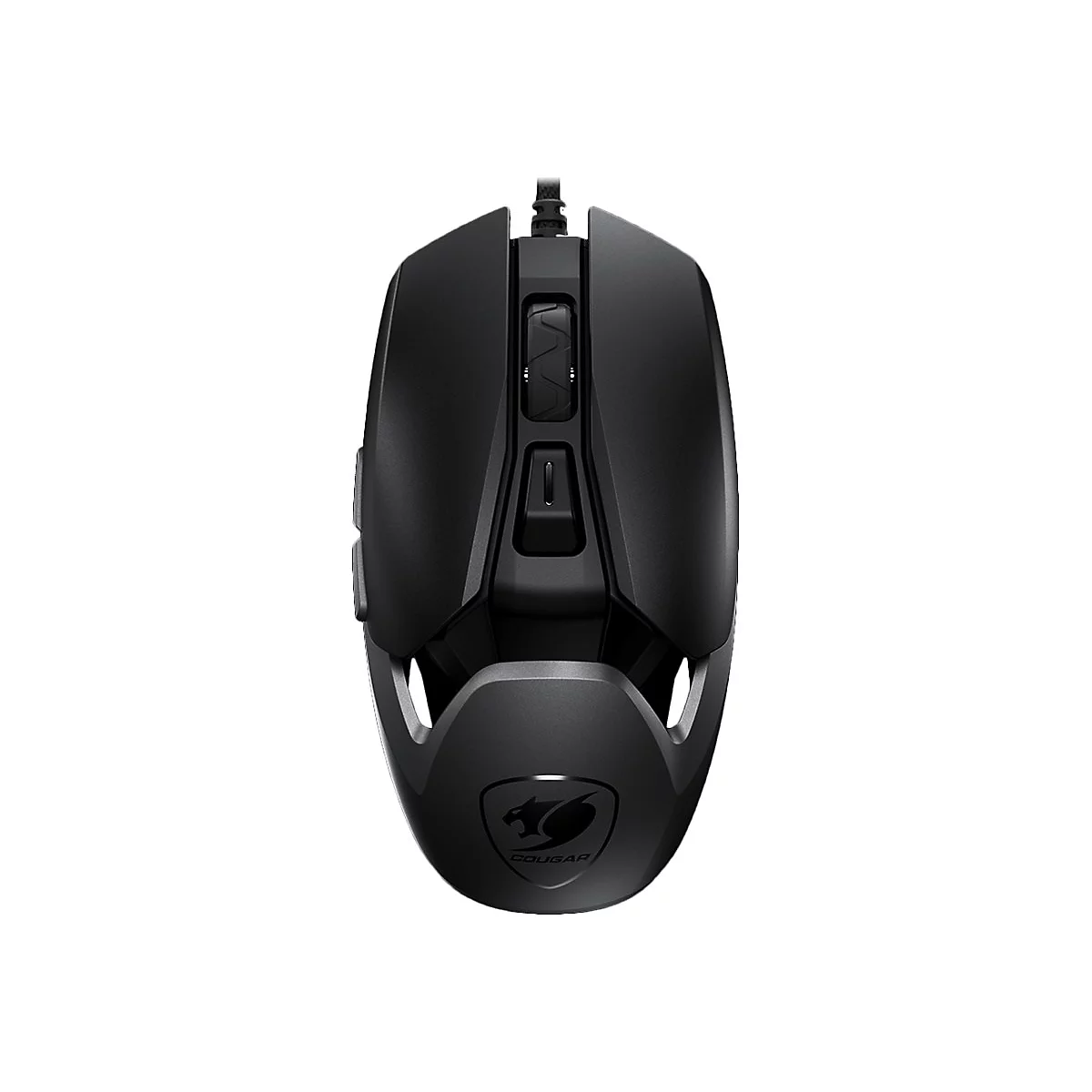 Schwarze Cougar Gaming-Maus in der Draufsicht auf weißem Hintergrund.