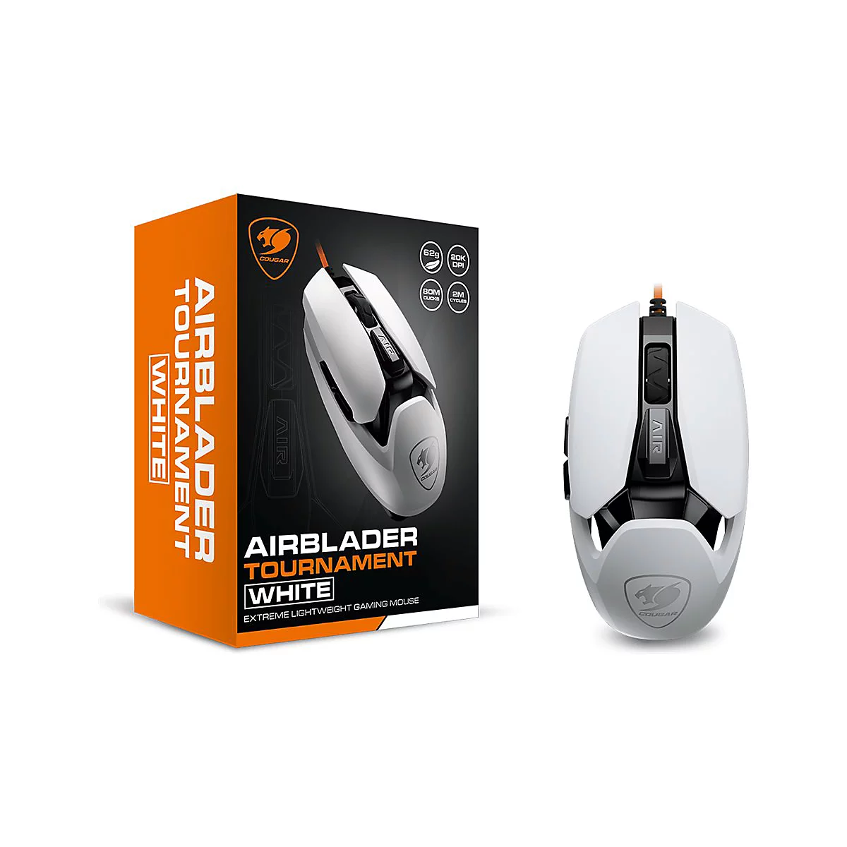 Weiße Cougar Airblader Tournament Gaming-Maus neben ihrer orange-schwarzen Produktverpackung.