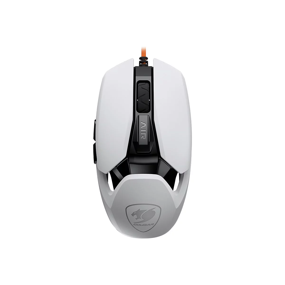 Weiße Gaming-Maus mit orangefarbenem Kabel, schwarzem Mausrad und Cougar-Logo auf weißem Hintergrund.