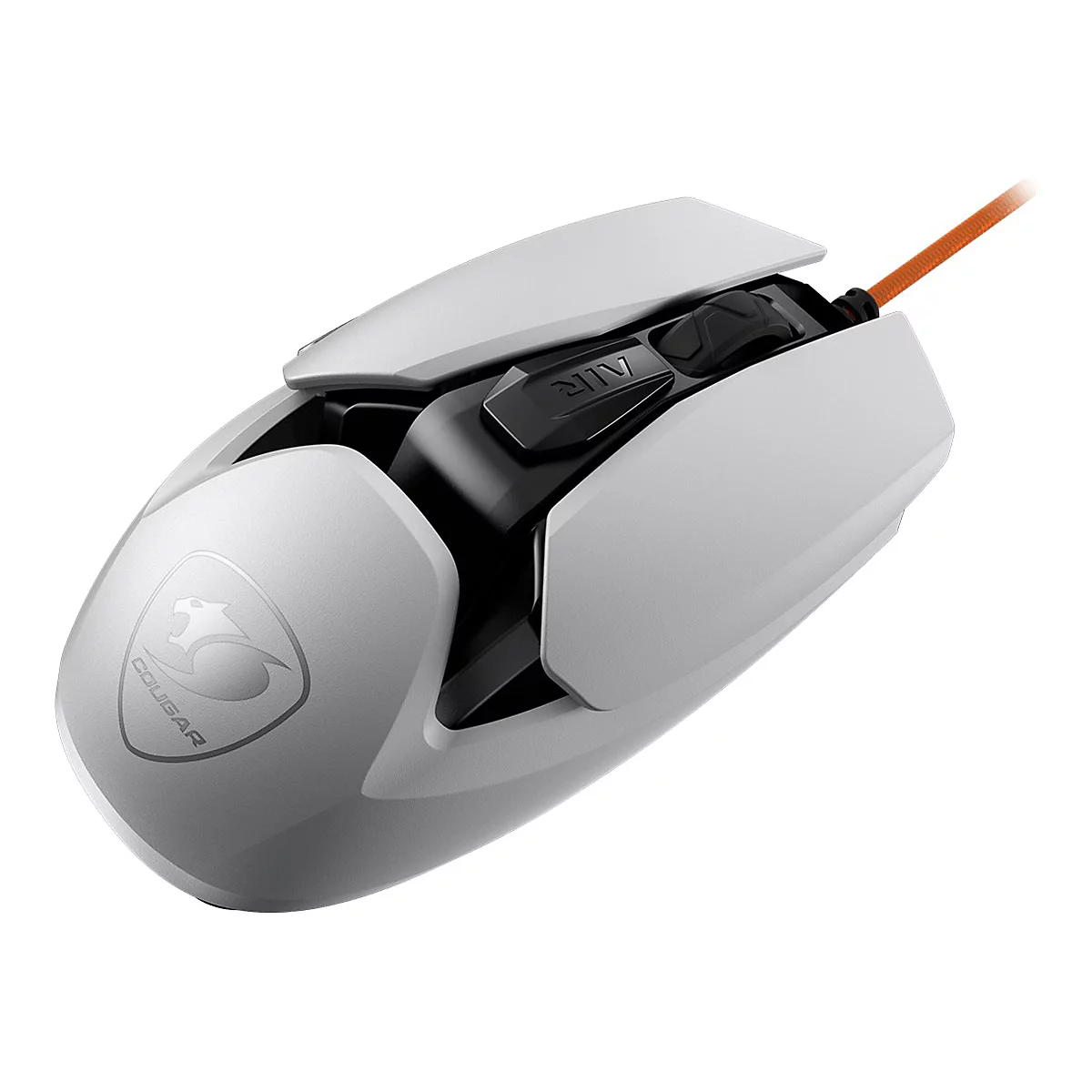 Weiße Gaming-Maus mit orangefarbenem Kabel und Cougar-Logo auf weißem Hintergrund.