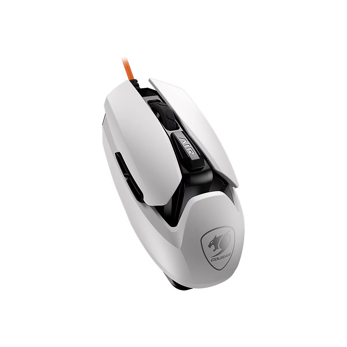 Weiße Cougar Gaming-Maus mit orangefarbenem Kabel vor weißem Hintergrund.