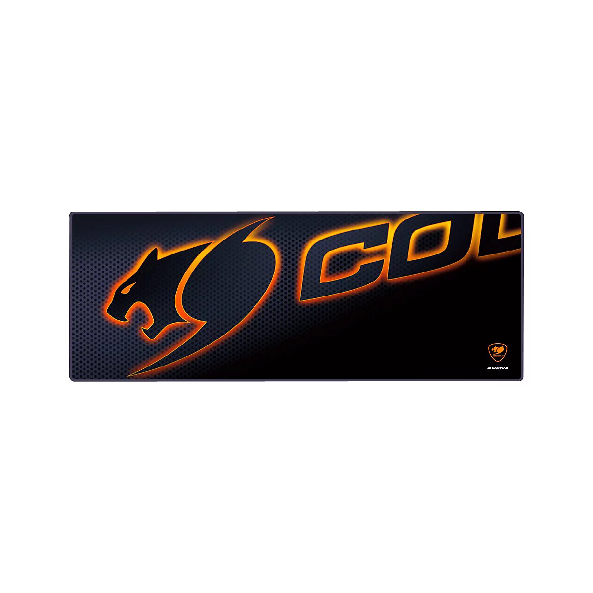 Schwarzes Mauspad mit COUGAR-Logo in Orange. Die Arena-Aufschrift und ein Cougar-Logo sind rechts unten.