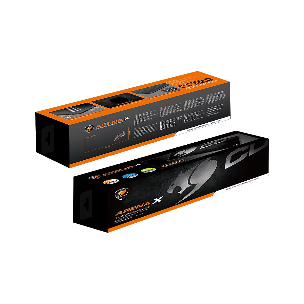 Zwei schwarze Verpackungen mit Gaming-Mauspads der Marke Cougar Arena X, orangefarbene Akzente, Text und Logo.