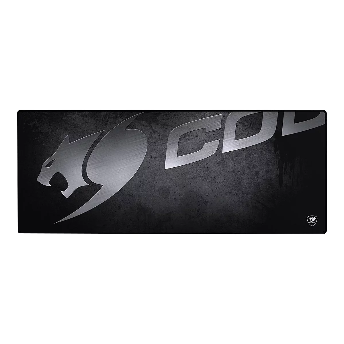 Schwarzes Mauspad mit Cougar-Logo. Silbernes Wildkatzen-Logo und Schriftzug auf strukturiertem Hintergrund.