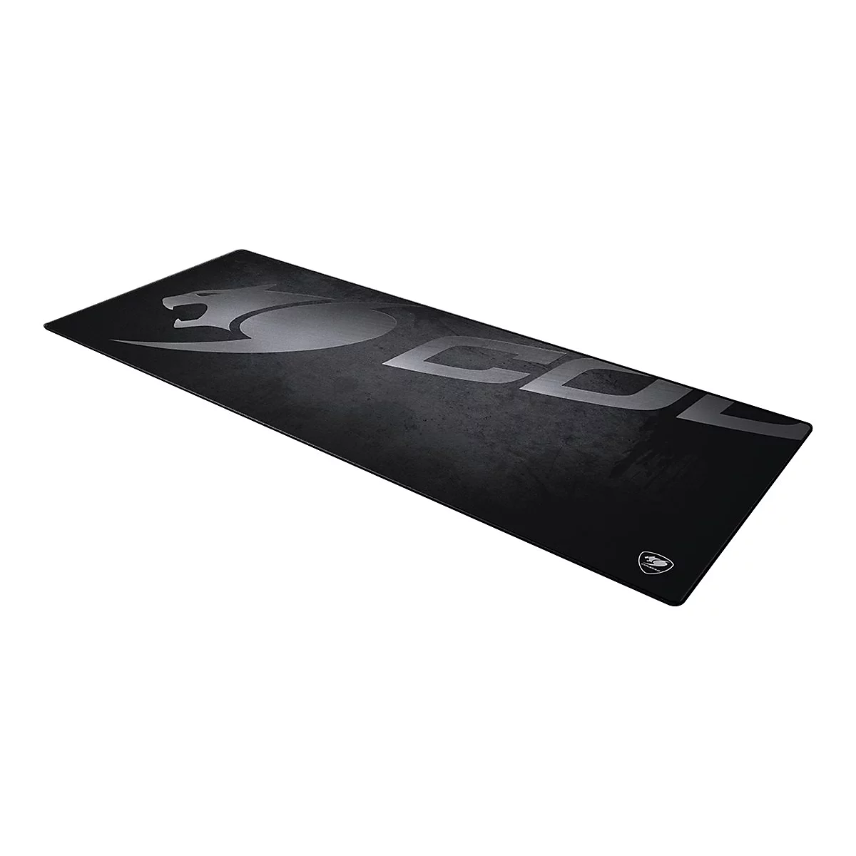 Schwarzes Mousepad mit Cougar Logo und Schriftzug. Aufdruck in Grau, rechteckige Form.