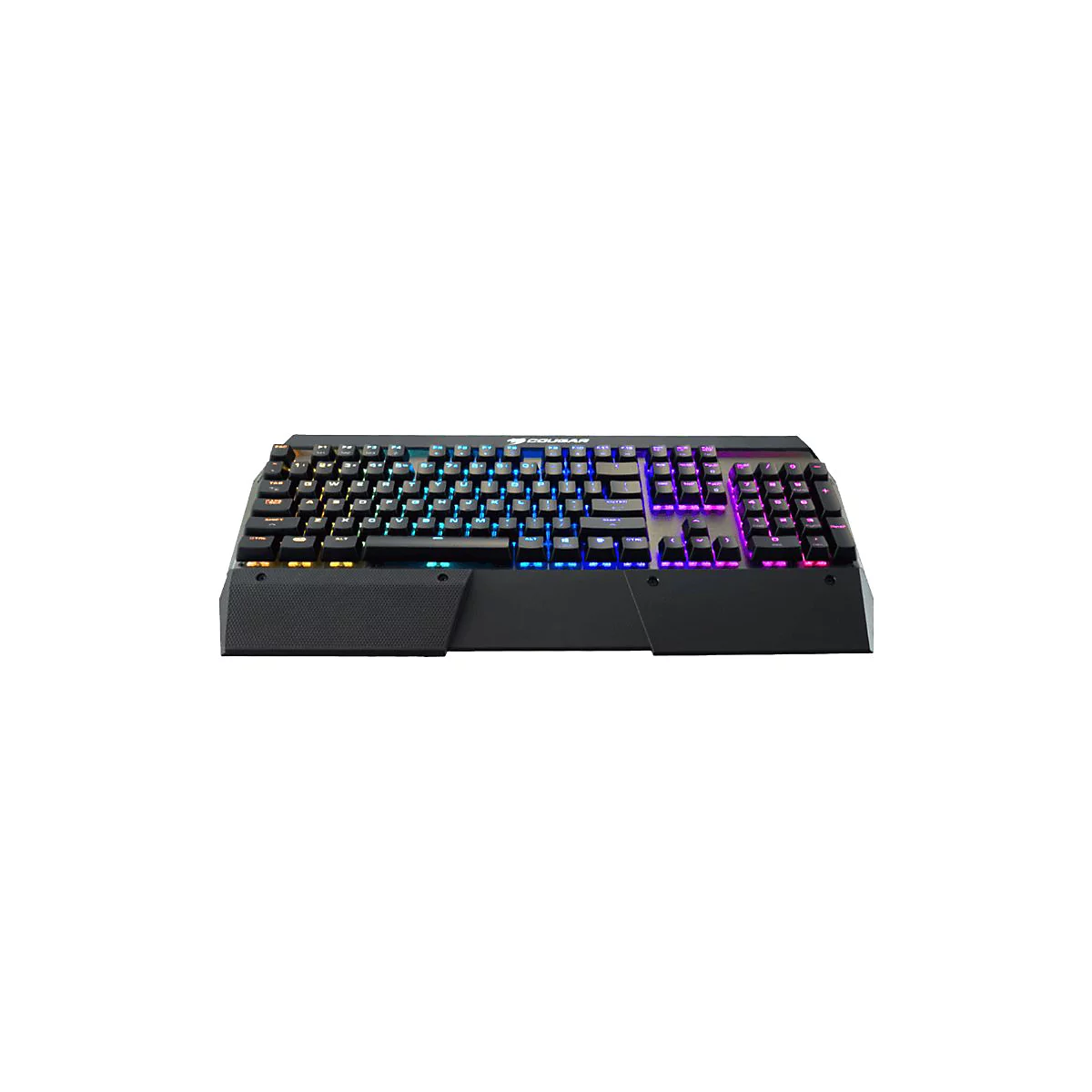 Schwarze Cougar Gaming-Tastatur mit bunter RGB-Beleuchtung und Handballenauflage vor weißem Hintergrund.