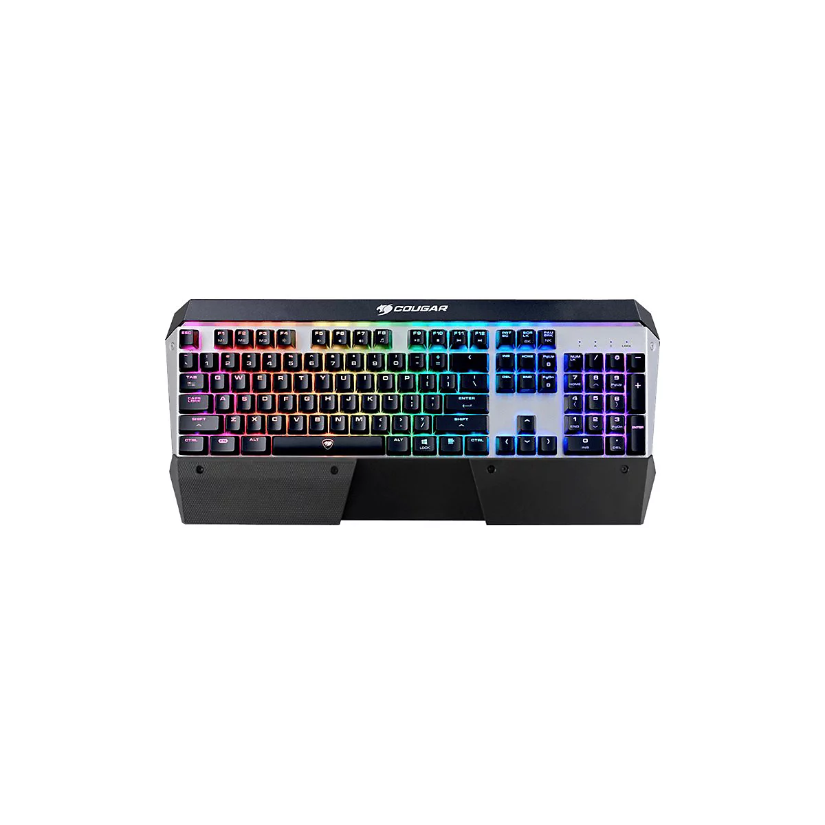 Schwarze Gaming-Tastatur mit mehrfarbiger RGB-Beleuchtung. Auf der Tastatur ist das Cougar-Logo zu sehen.