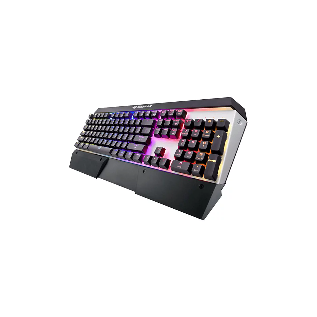 Cougar Gaming-Tastatur mit RGB-Beleuchtung auf silberner Basis und schwarzer Handballenauflage.
