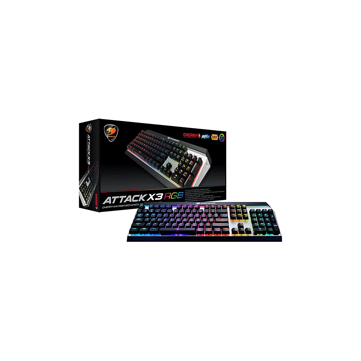 Cougar Attack X3 RGB mechanische Gaming-Tastatur mit bunter Beleuchtung vor der zugehörigen Produktverpackung.