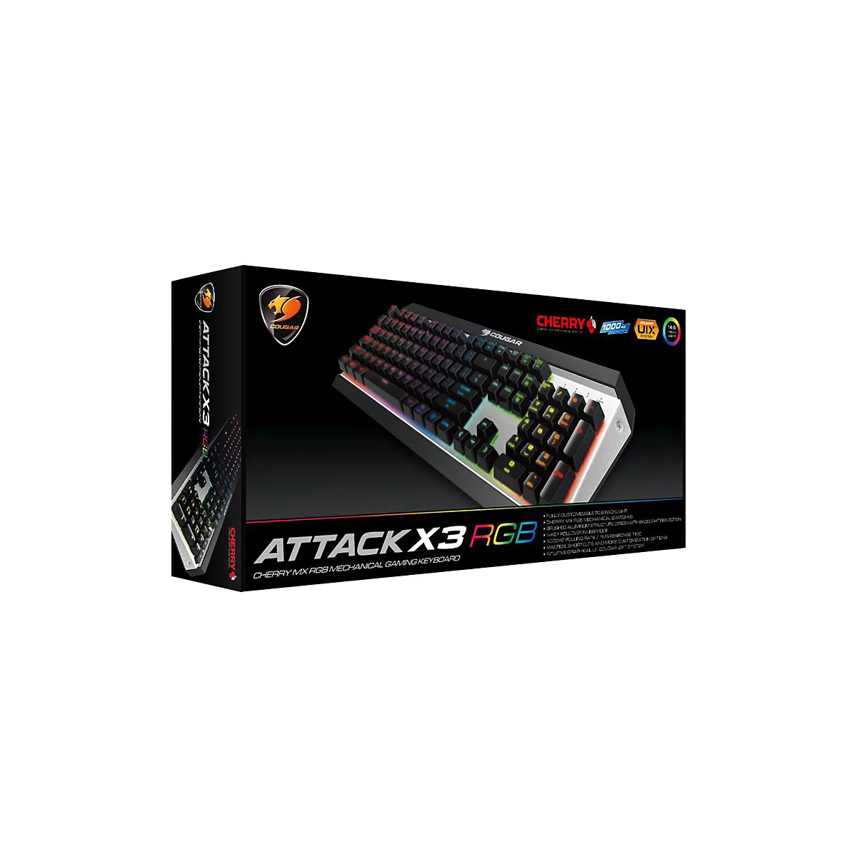 Auf schwarzem Hintergrund ist eine Tastatur in einer Verpackung abgebildet. Das Keyboard hat bunte LEDs. Auf der Verpackung steht 'ATTACK X3 RGB'.