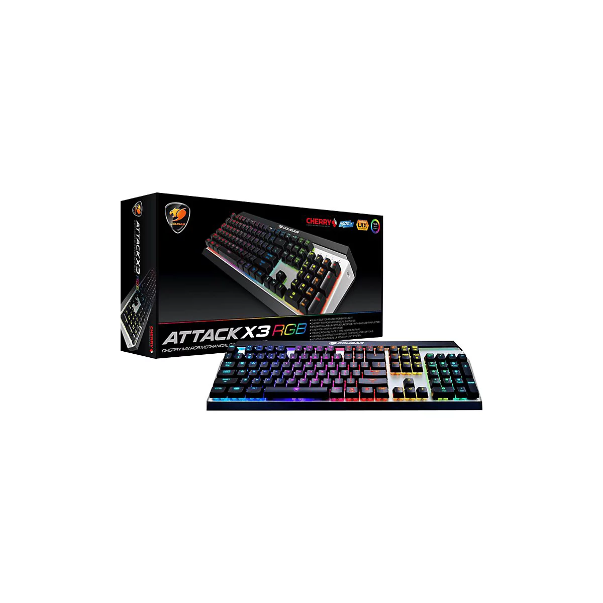 Mechanische RGB-Gaming-Tastatur Attack X3. Die Tastatur steht neben ihrer Verpackung.