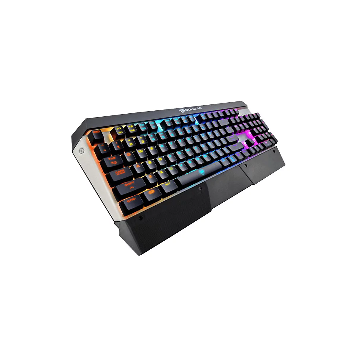 Schwarze Gaming-Tastatur mit farbiger Hintergrundbeleuchtung. Die Tastatur zeigt das Cougar Logo.