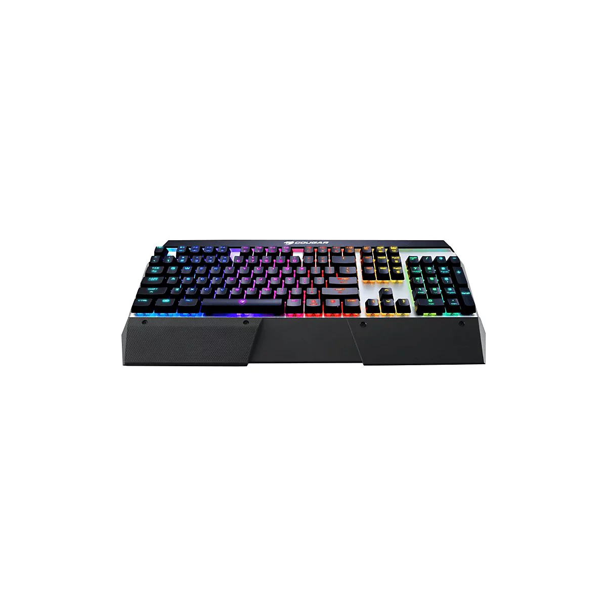 Schwarze Cougar-Gaming-Tastatur mit mehrfarbiger Hintergrundbeleuchtung und Logo.