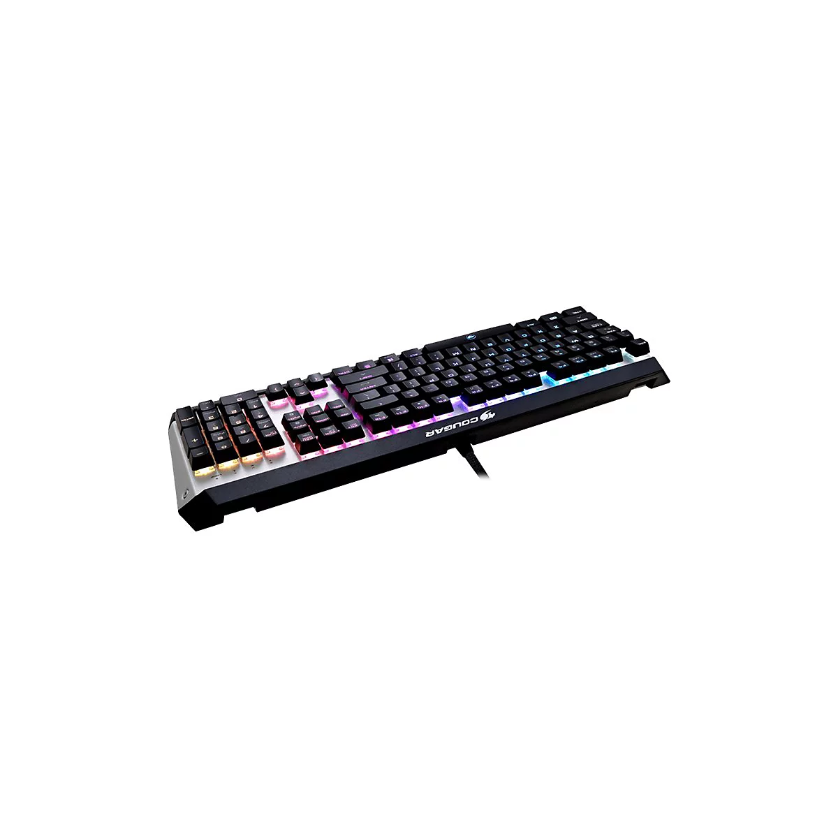 Schwarze Gaming-Tastatur mit mehrfarbiger Beleuchtung. Schwarze Tasten auf silbernem und schwarzem GehÃ¤use. Kabel zeigt nach unten.