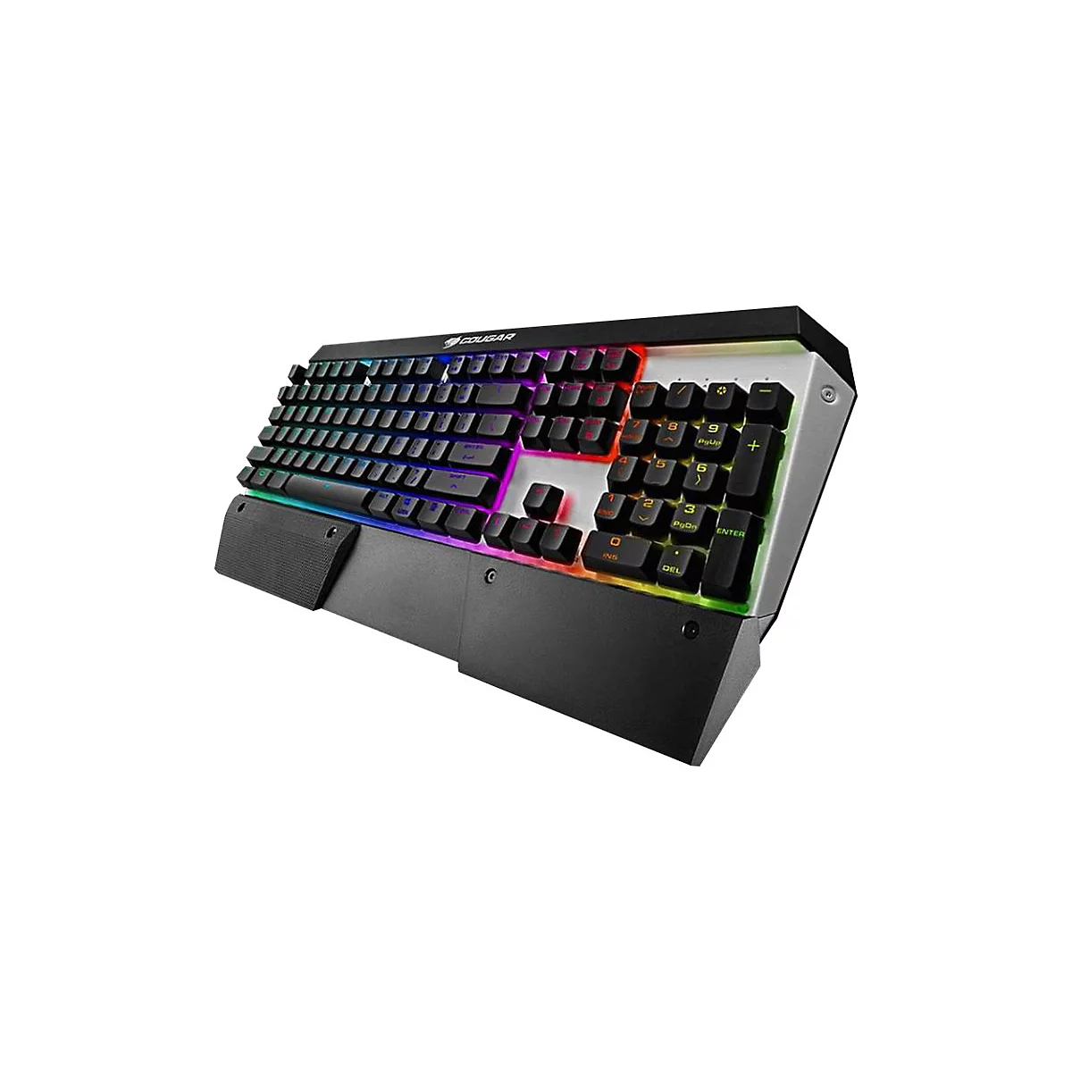 Schwarze Cougar-Gaming-Tastatur mit farbiger Beleuchtung. Die Tastatur ist leicht angewinkelt und hat ein Handballenauflage.