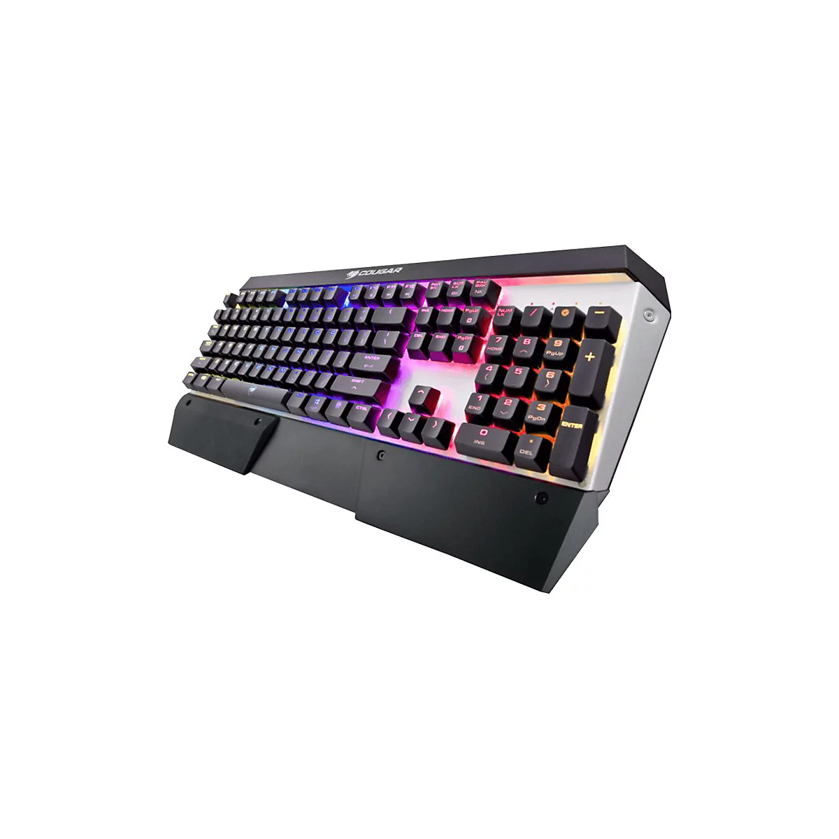 Schwarze Gaming-Tastatur mit bunten Lichtern, inkl. Handauflage und Logo-Schriftzug.