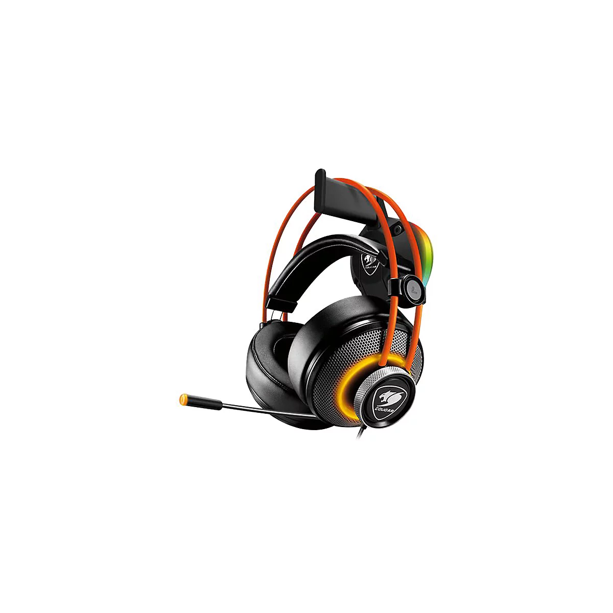 Schwarzes Cougar Gaming-Headset mit orangefarbenen Akzenten und RGB-Beleuchtung auf einem weißen Hintergrund.