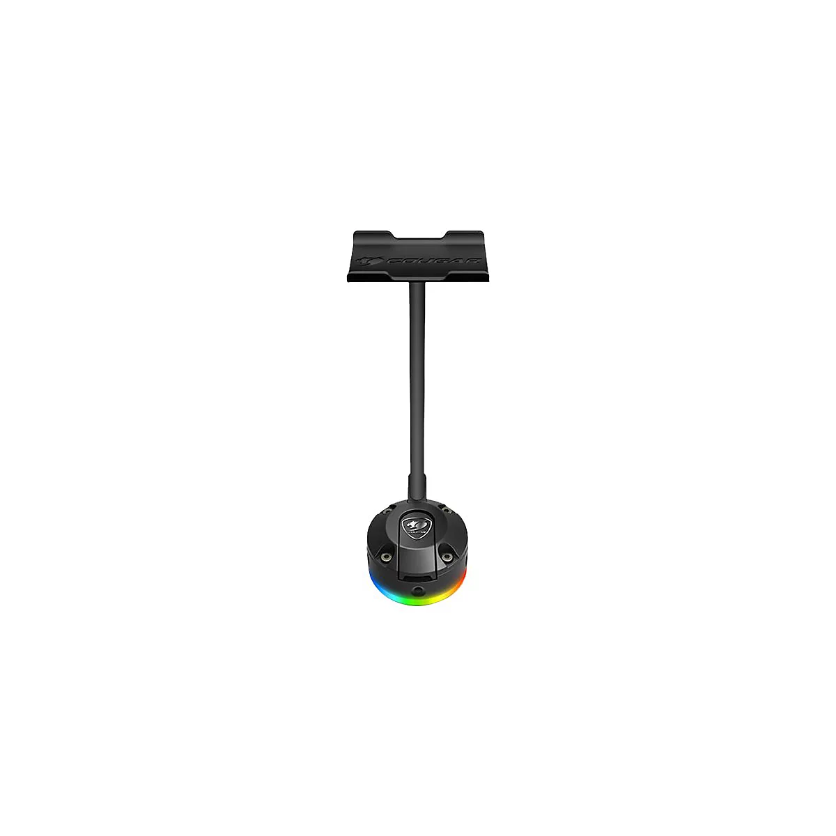 Schwarzer Gaming-Mouse-Bungee mit Cougar-Logo, vertikalem Stab, Halterung und bunter RGB-Beleuchtung am Sockel.