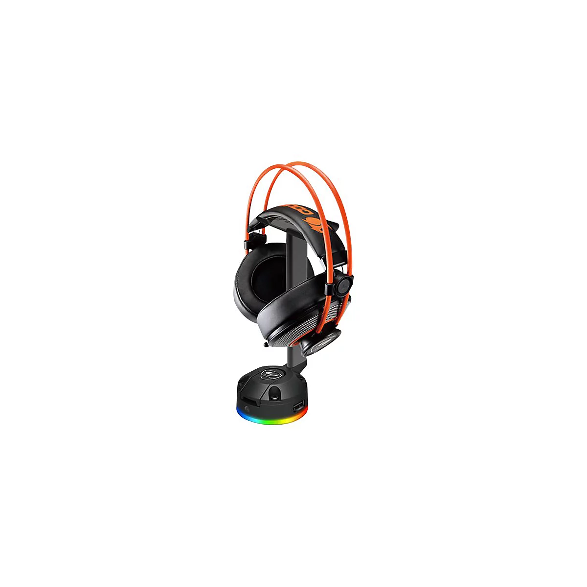 Schwarzes Gaming-Headset mit orangefarbenem Bügel auf einem Ständer mit beleuchtetem RGB-Fuß.