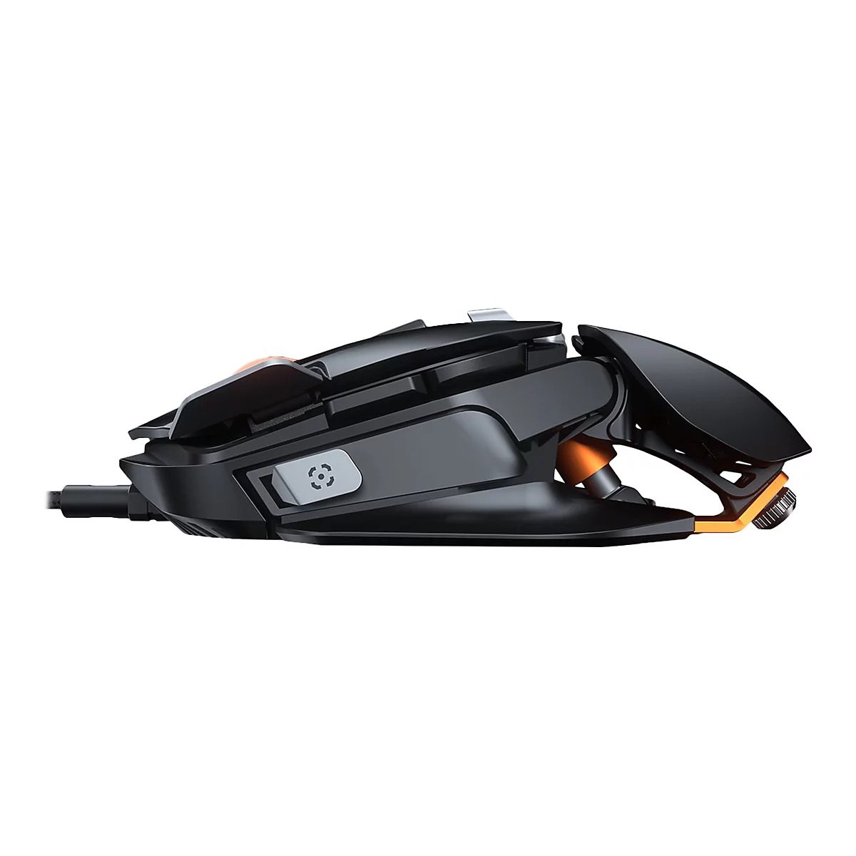 Schwarze Gaming-Maus mit orangefarbenen Akzenten. Seitlich, auf weißem Hintergrund, mit Kabel. Sichtbar sind Knöpfe und Rädchen.