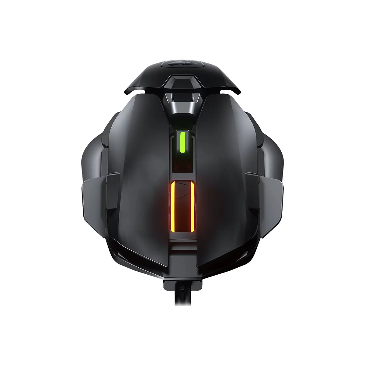 Schwarze Gaming-Maus, beleuchtet mit grünen und orangenen Lichtern, vor weißem Hintergrund.