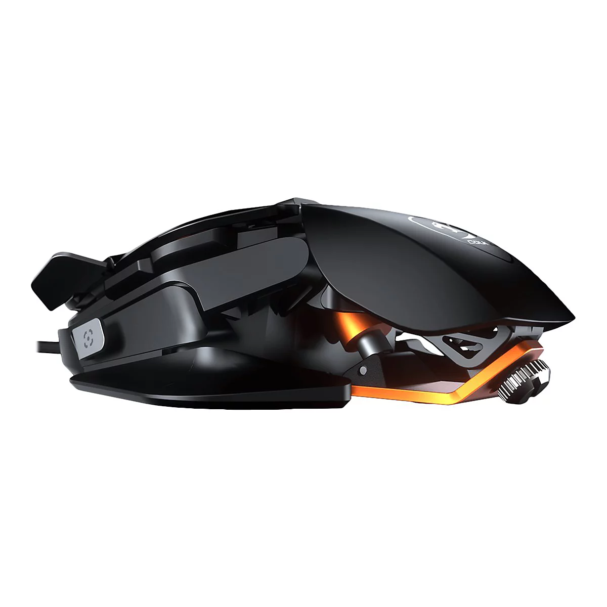 Schwarze Gaming-Maus mit orangefarbener Beleuchtung, seitlichen Tasten und Cougar-Logo.