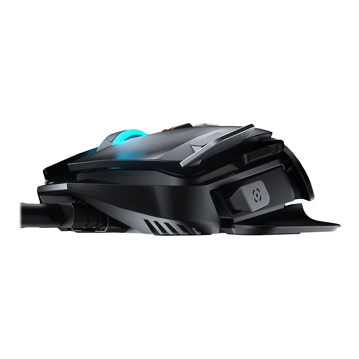 Schwarze Gaming-Maus im Profil. Blaue und orangefarbene Akzente. Detailansicht auf Tasten und Konturen, Fokus auf Design.