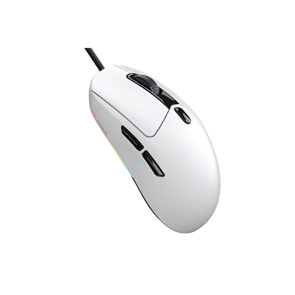 Weiße, ergonomische Gaming-Maus mit schwarzem Mausrad und Seitentasten vor weißem Hintergrund.